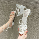 Zapatos romanos gruesos con tacón de lazo para mujer